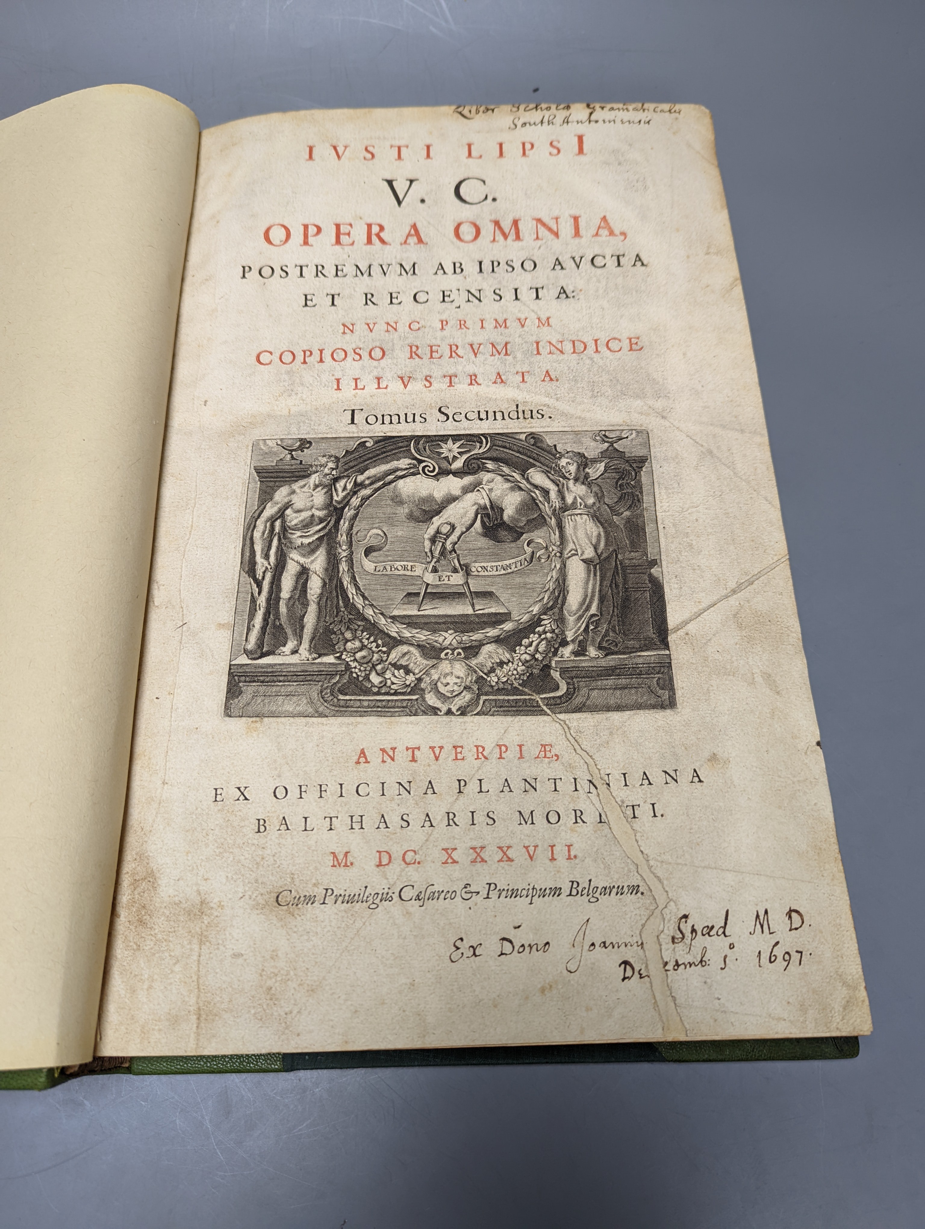 Lipsius, Justus - Opera Omnia ... 4 vols. some text engravings; recently rebound green half morocco and cloth, gilt-lettered and panelled spines, folio. Antwerp: ex officina Plantiniana
